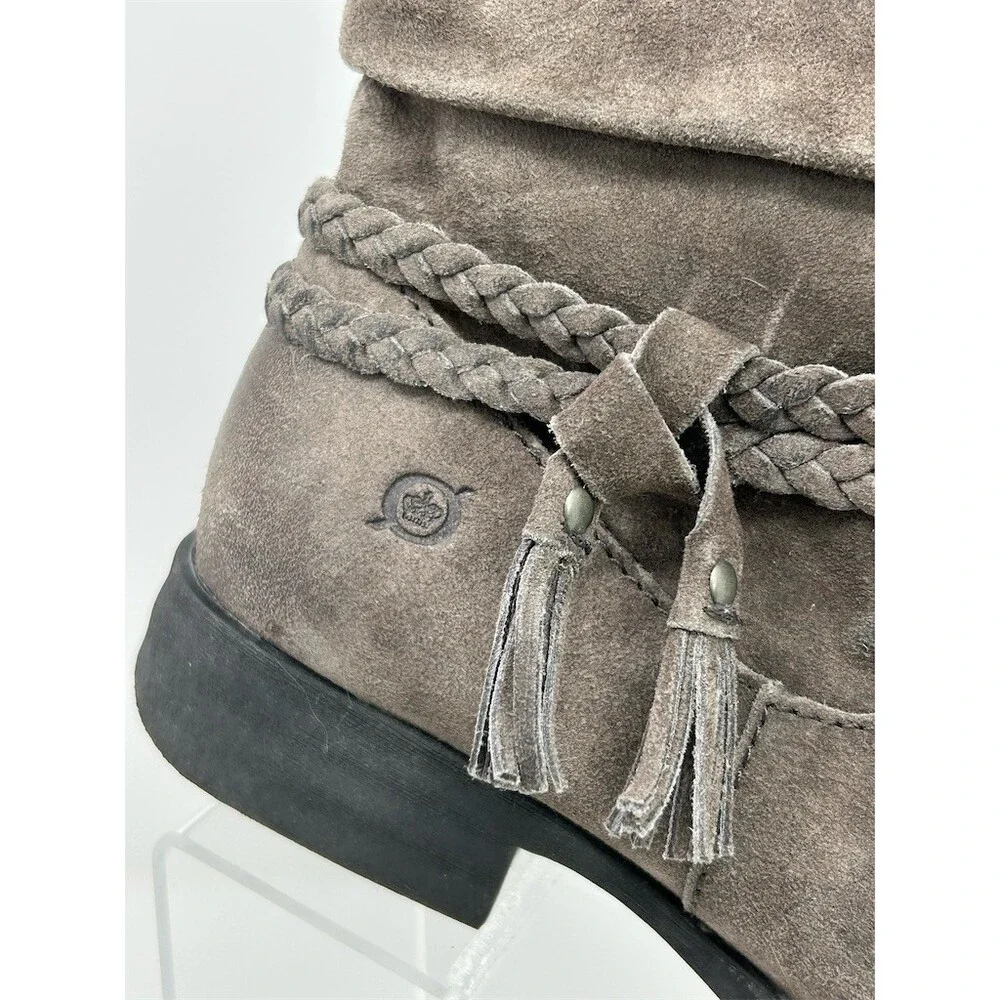 Born Womens Ankle Booties Gray Suede Slouch Braided Tassel Side Zip Size 10